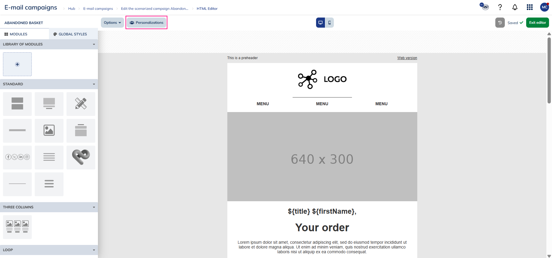 Personlizations menu