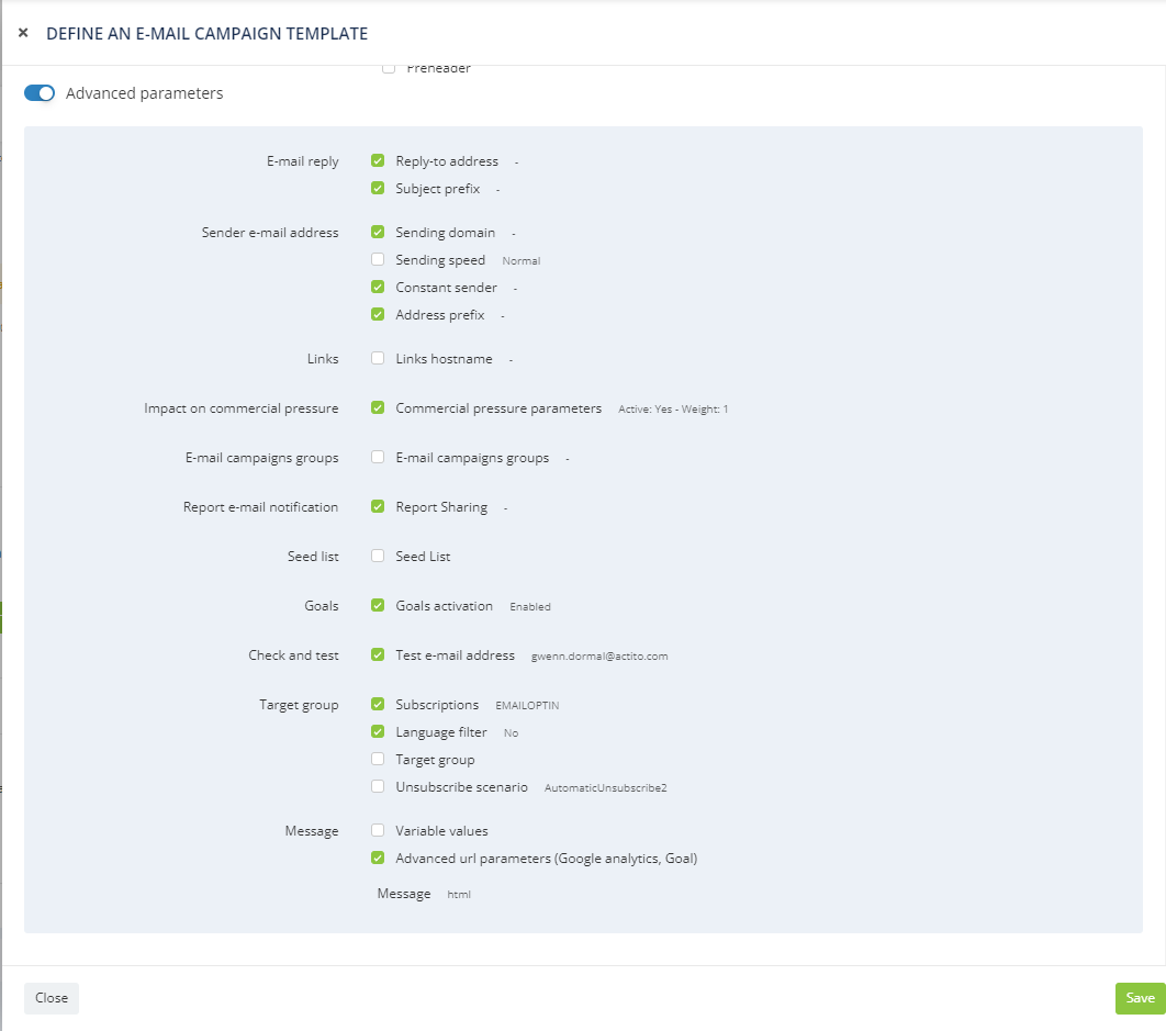 Advanced Parameters save template