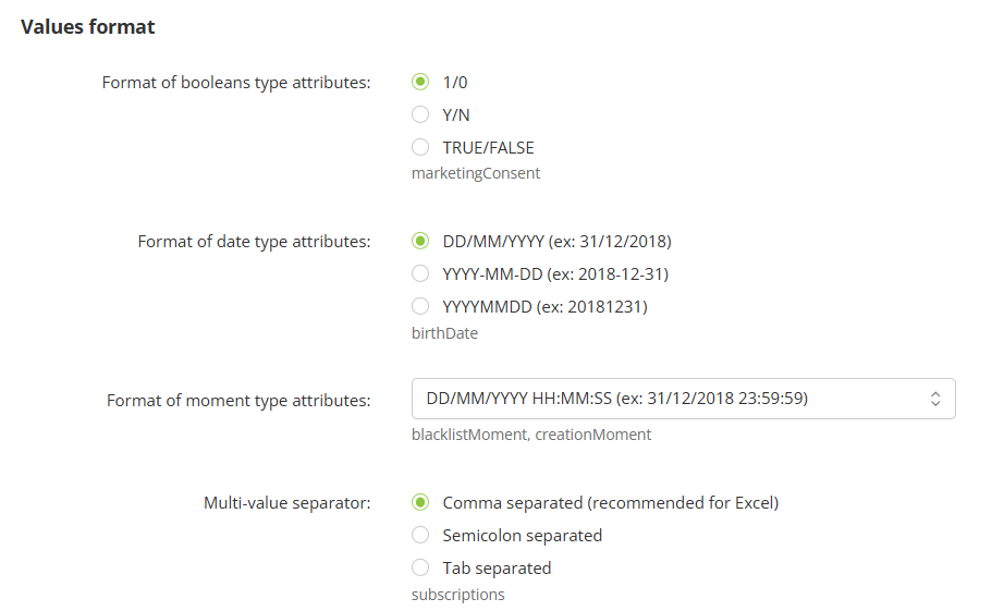 Format of values