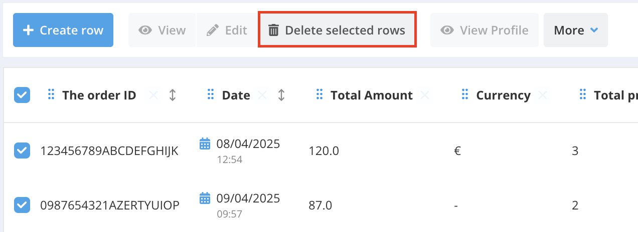 Delete selected rows