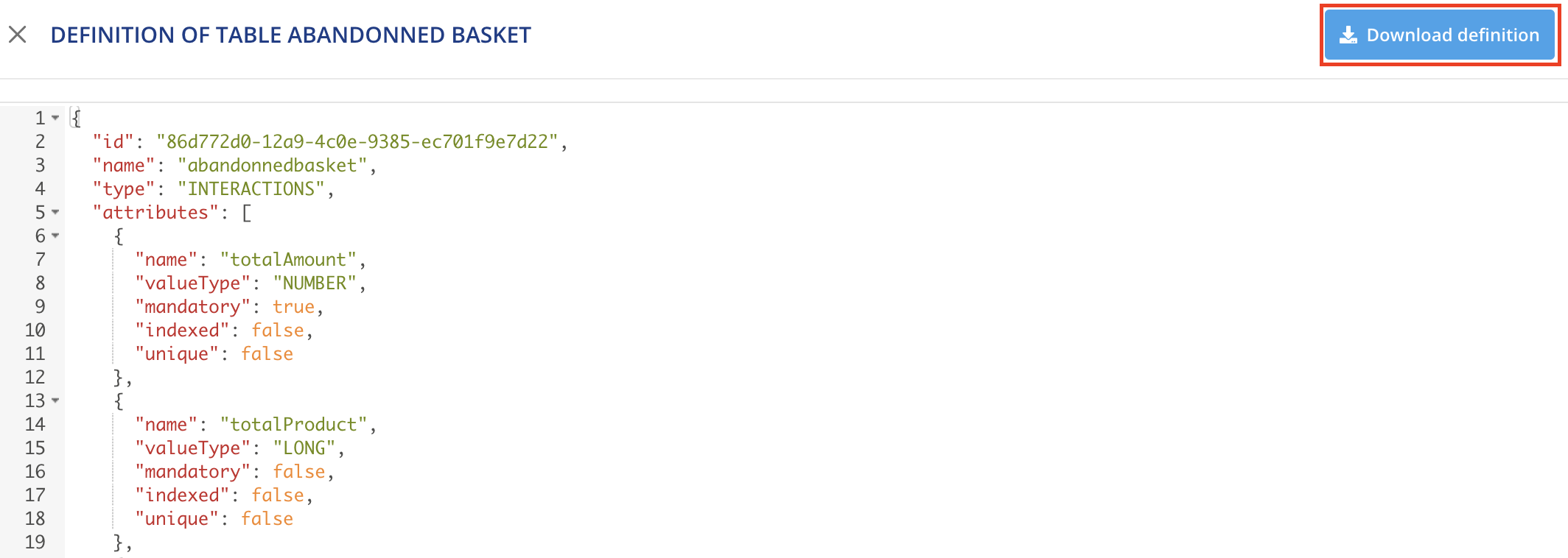 Downloading table definition