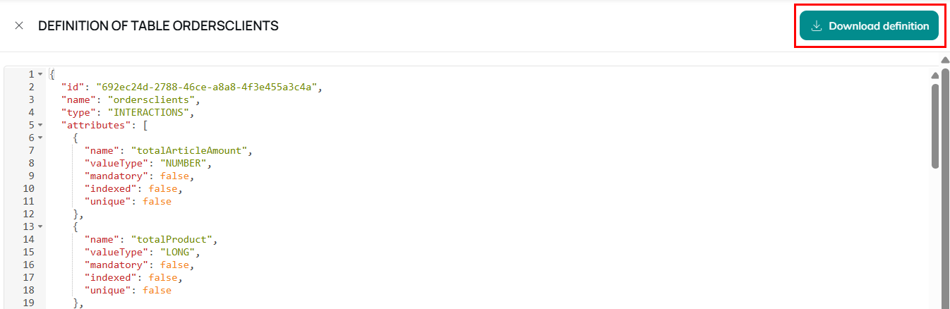 Downloading table definition