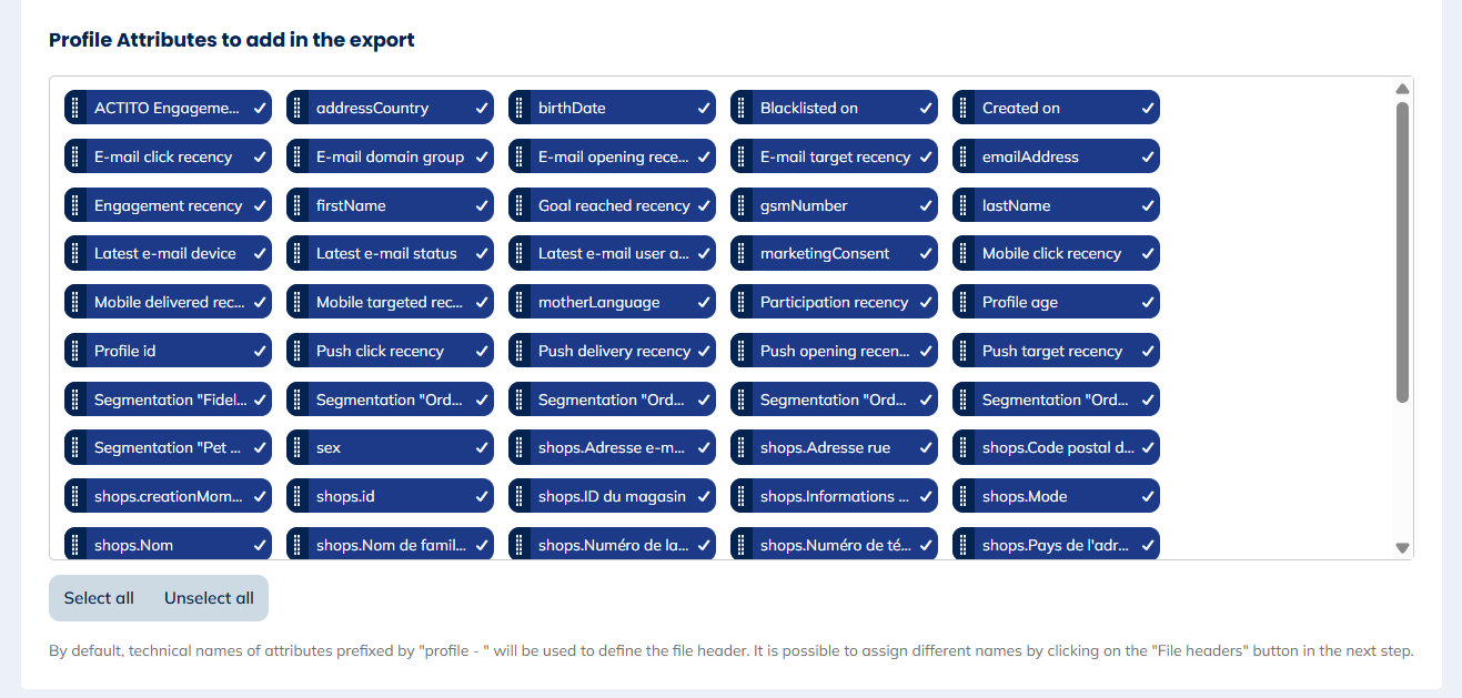 Profile Attributes to add in the export