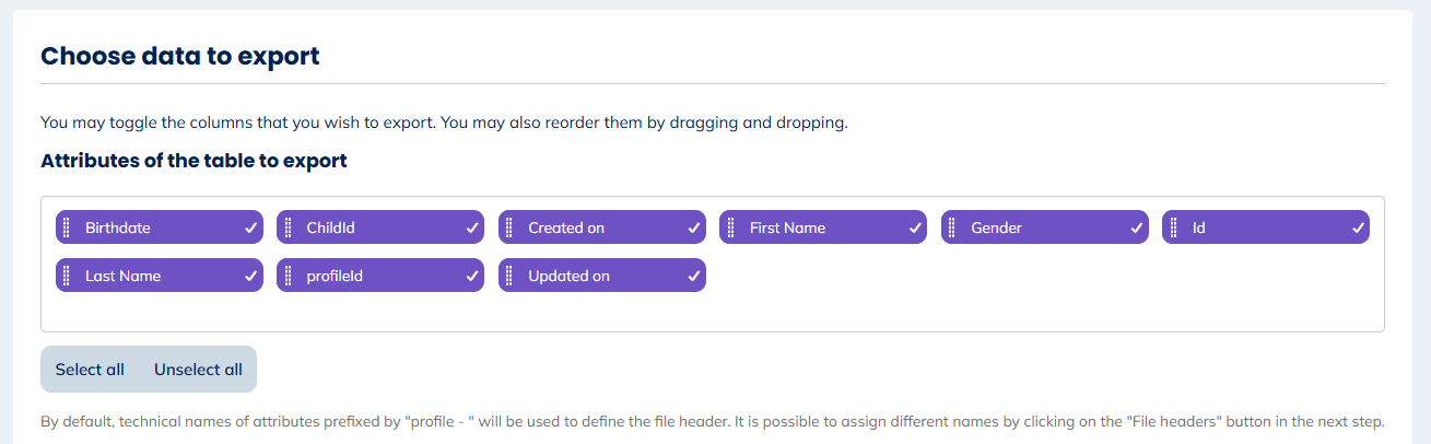 Attributes of the table to export
