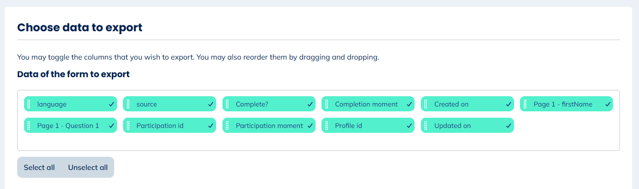 Data of the form to export