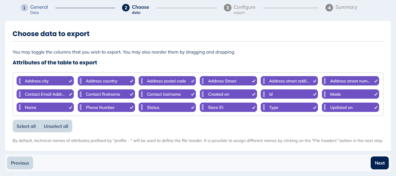 Attributes of the table to export