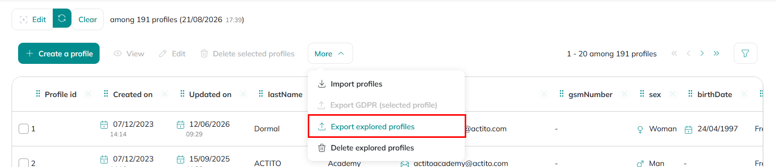 Export explored profile(s)