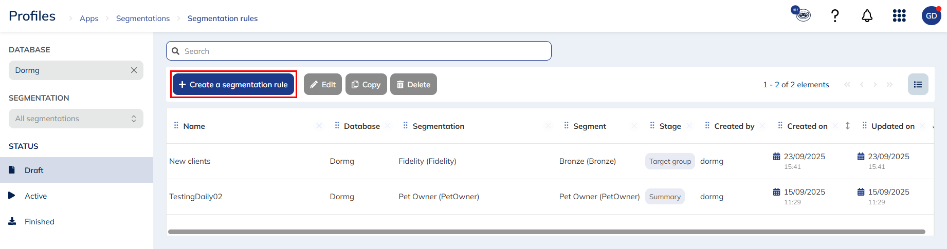 Create a segmentation rule button