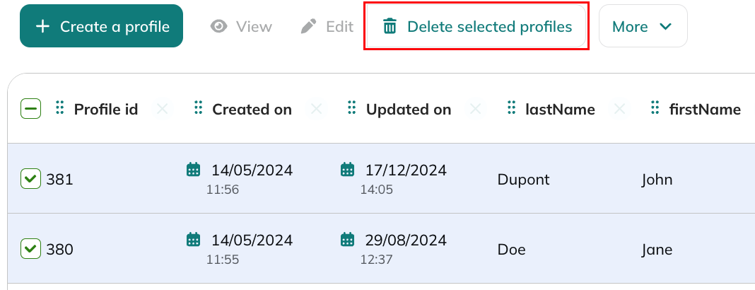 Deleting selecting profiles