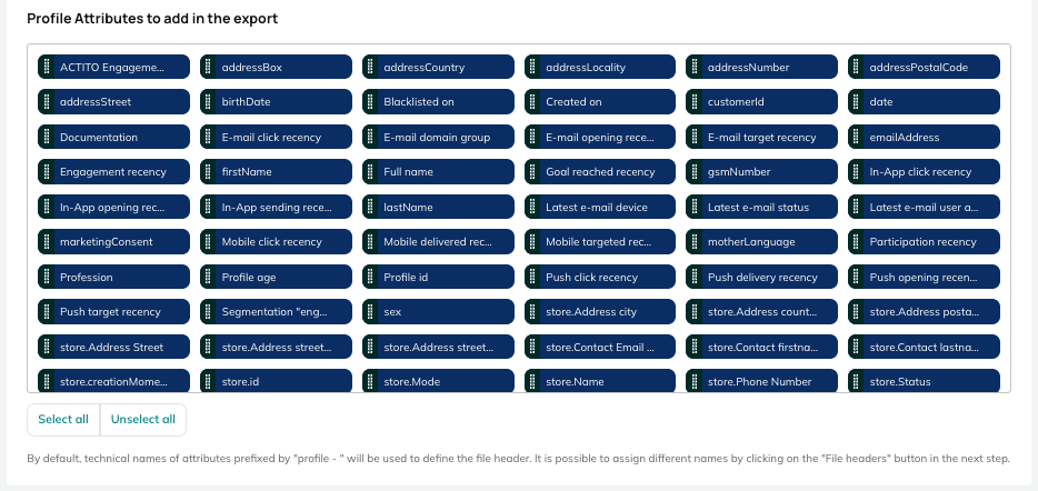 Profile attributes to add in the export