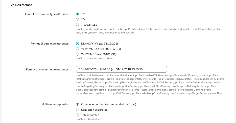 Format of values