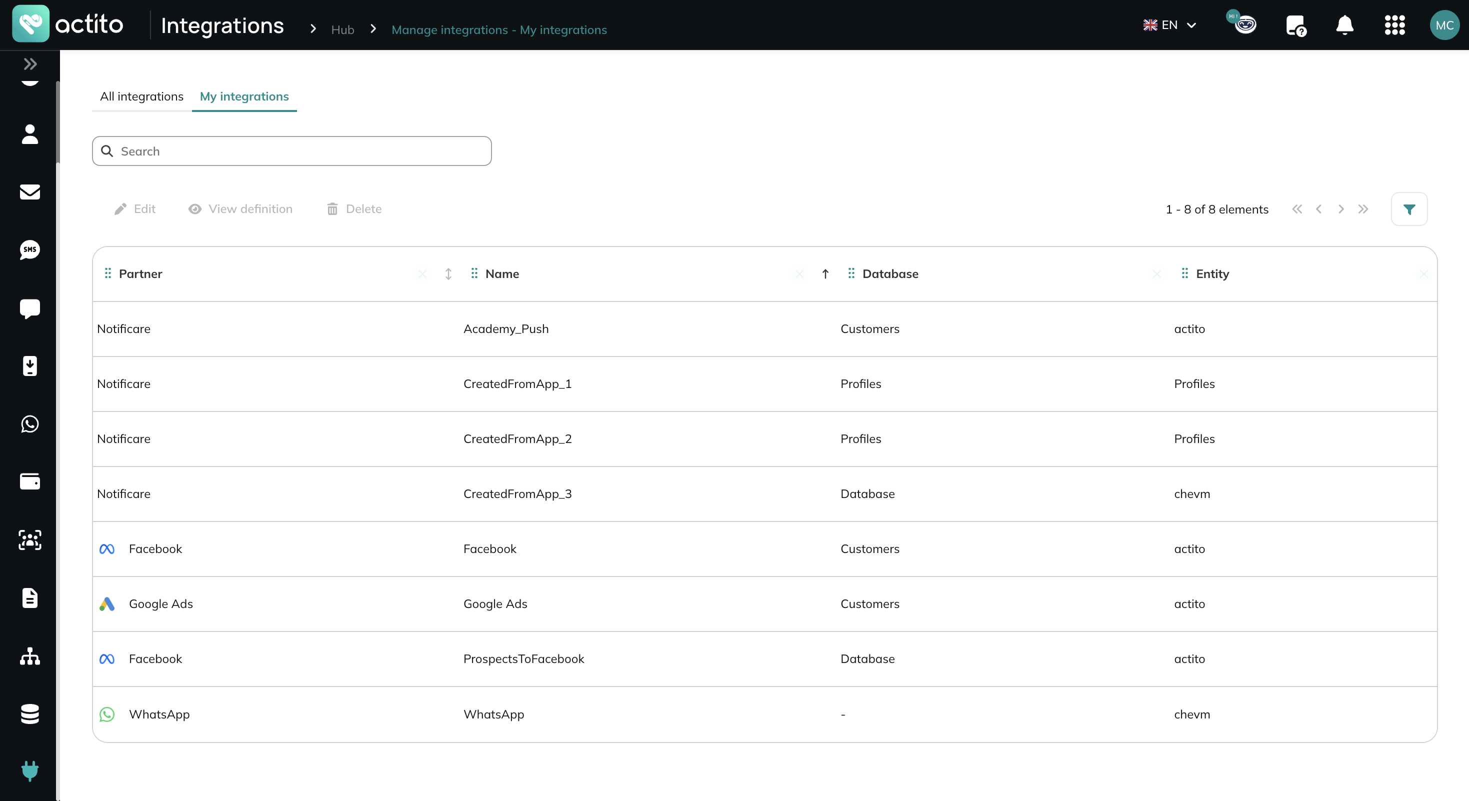 Manage integrations tab