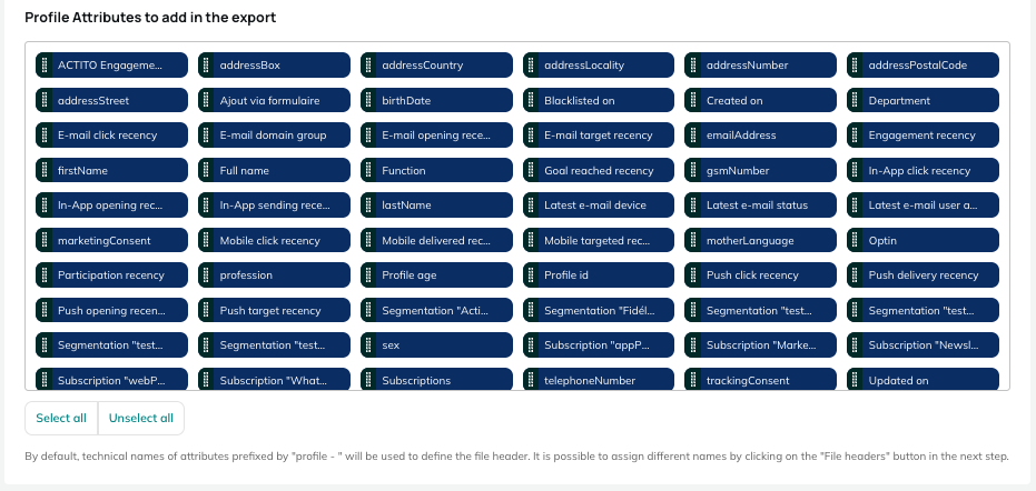 Profile attributes to add in the export