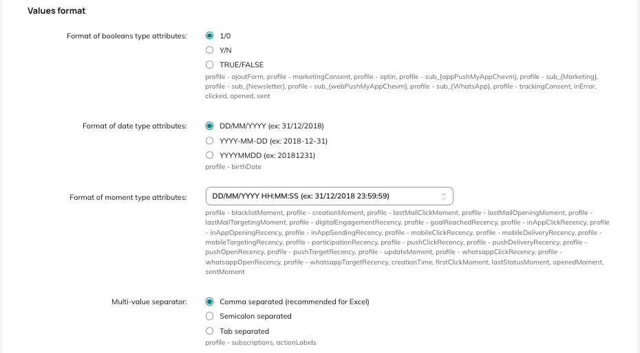 Format of values