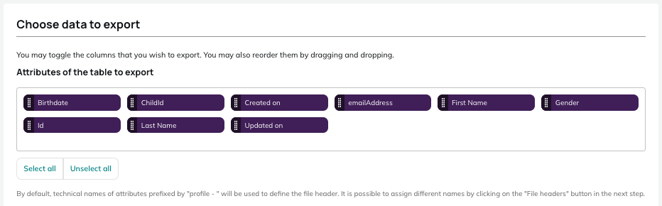 Attributes of the table to export