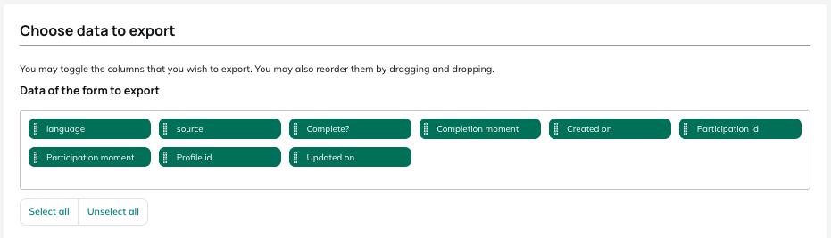 Data of the form to export