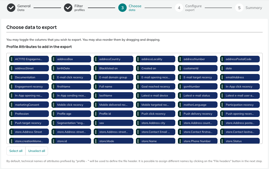 Attributes of the table to export