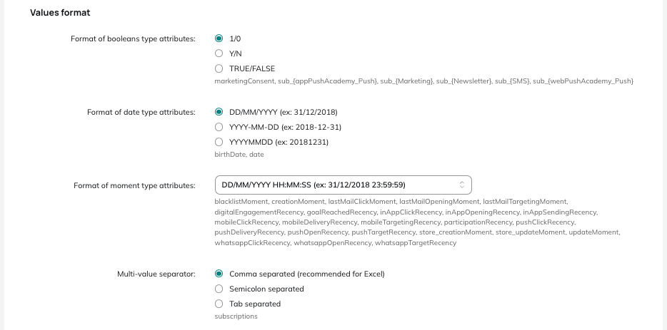 Format of values