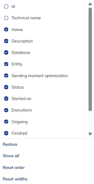 Columns appearing in the app selection