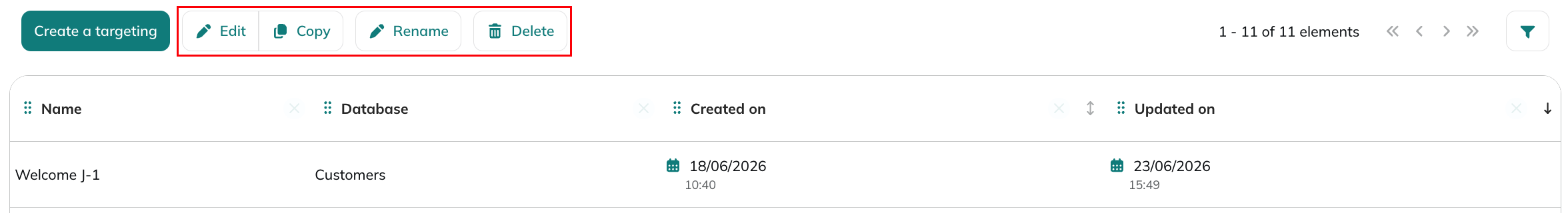 Buttons in the Saved targetings app