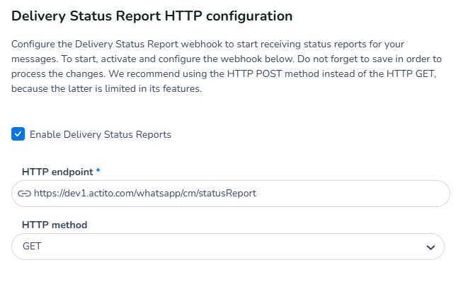 Delivery Status HTTP configuration