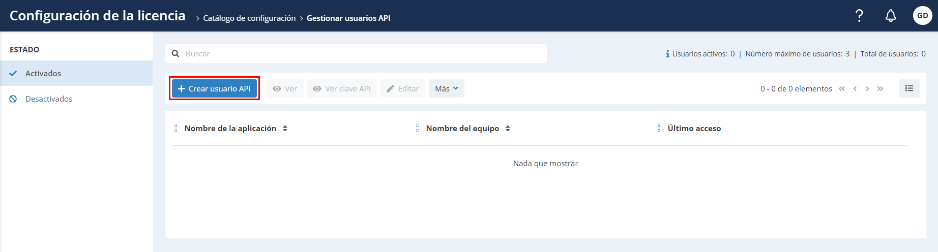 Crear un usuario de API