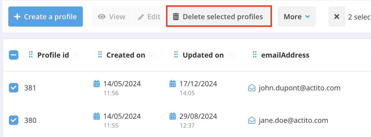Deleting selecting profiles