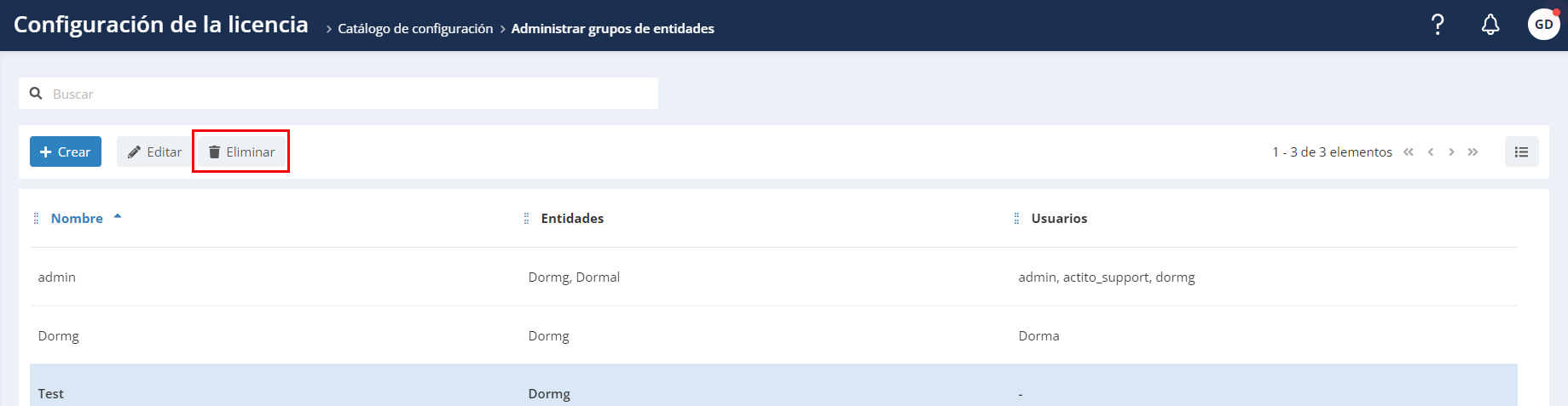 Eliminar un grupo de entidades existente