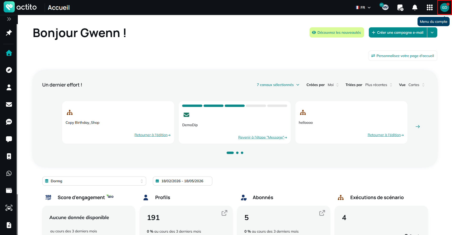 menú de gestión de cuentas