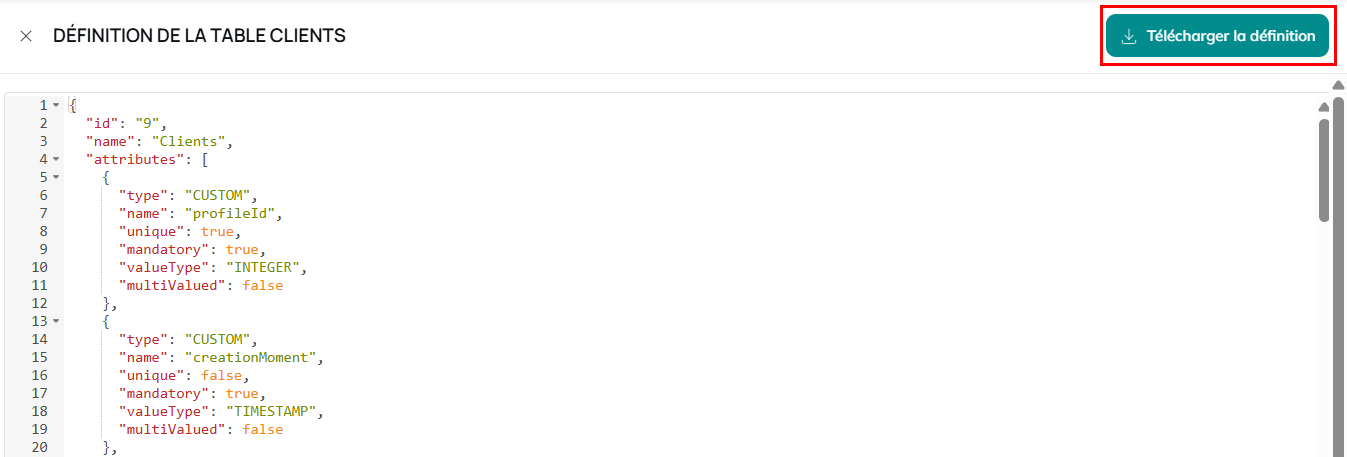 Descargar la definición JSON