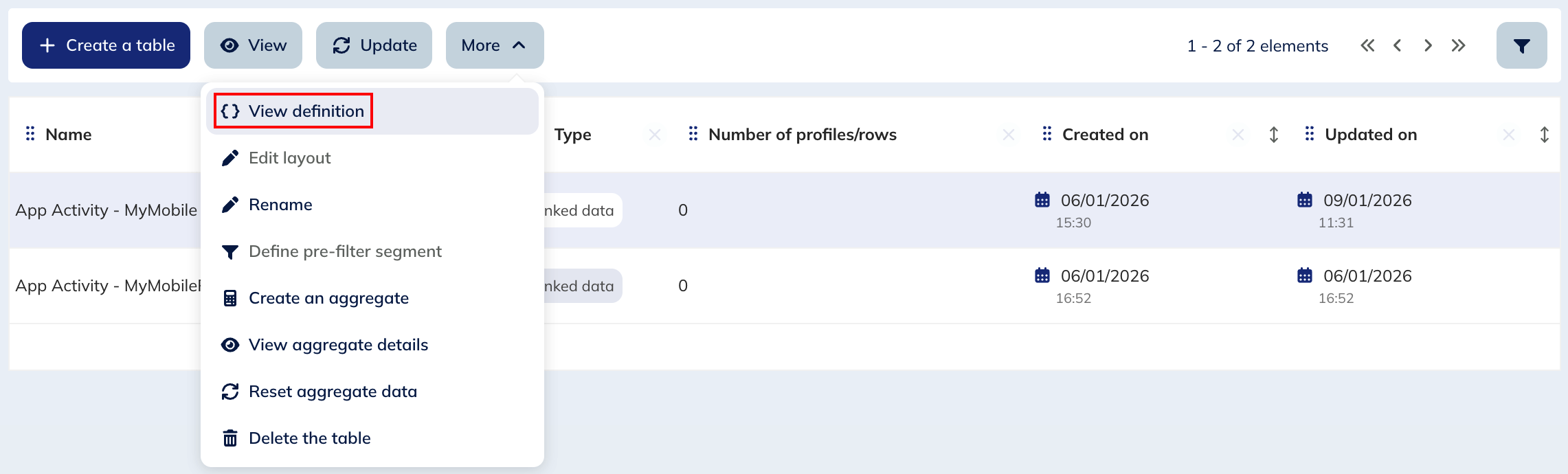 View the JSON table definition