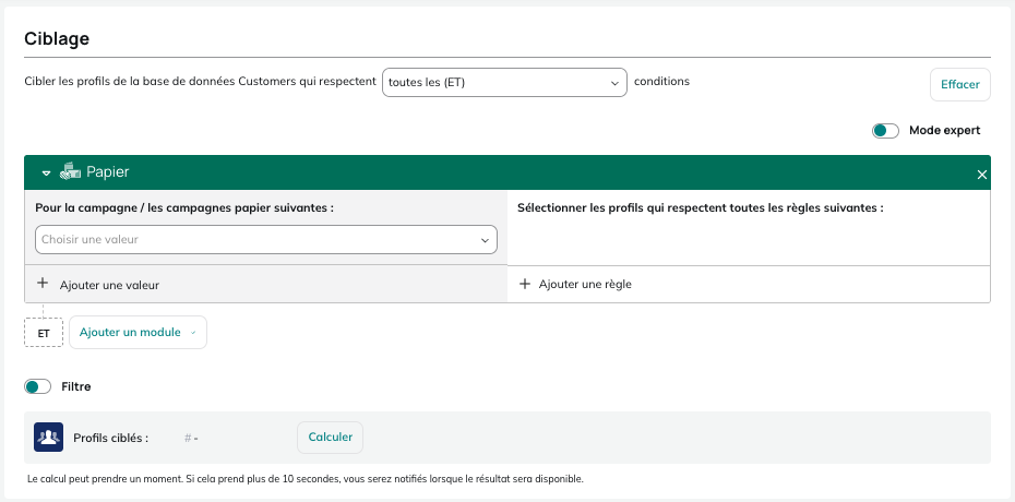 Lista de perfiles del grupo de control en el módulo de segmentación