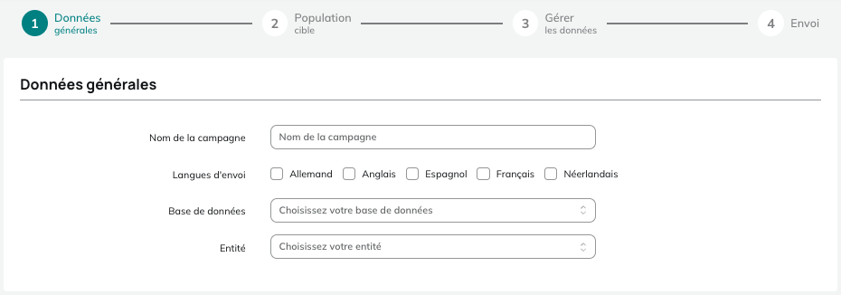 Paso 1 – Datos generales: nombre, idioma y base de datos de la campaña