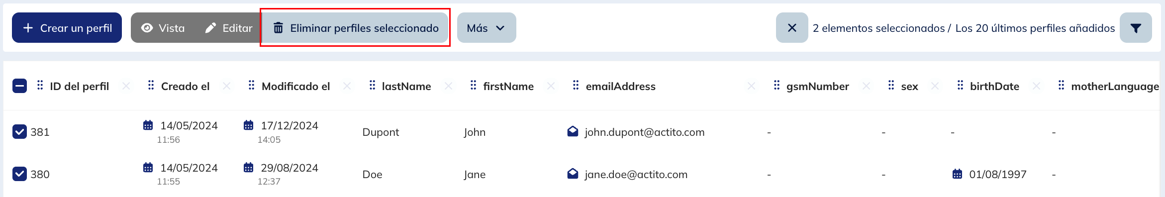 Eliminar los perfiles seleccionados