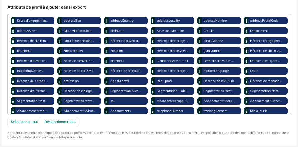 Atributos de perfil que añadir a la exportación