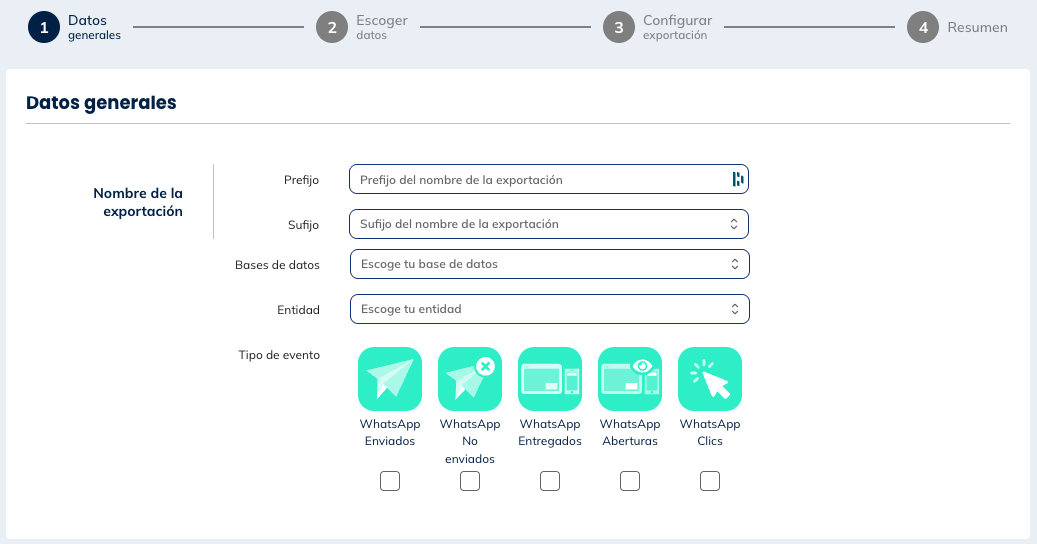 Tipos de eventos para las exportaciones de Actividades de WhatsApp