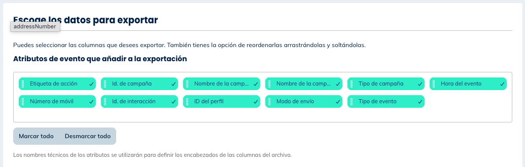 Datos para las exportaciones de mensajes enviados, entregados, abiertos y con clic