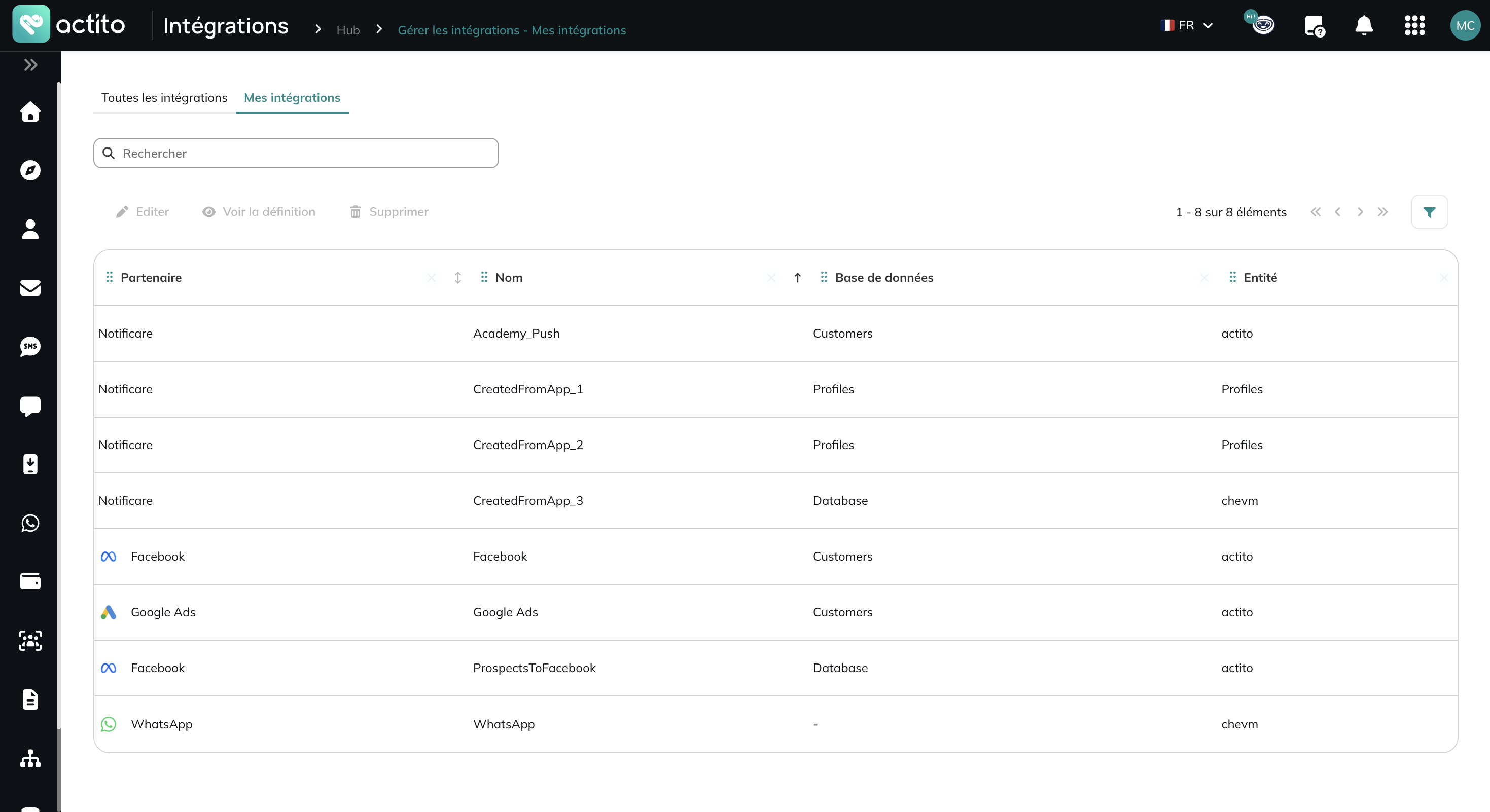 Pestaña Gestionar mis integraciones