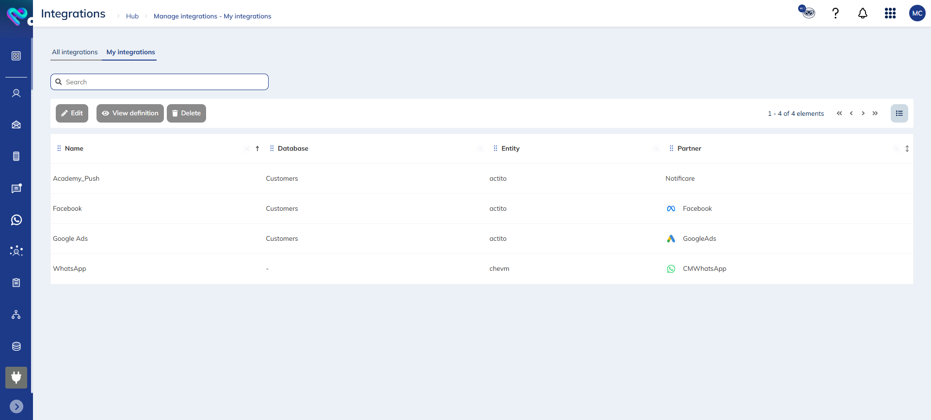 Manage integrations tab