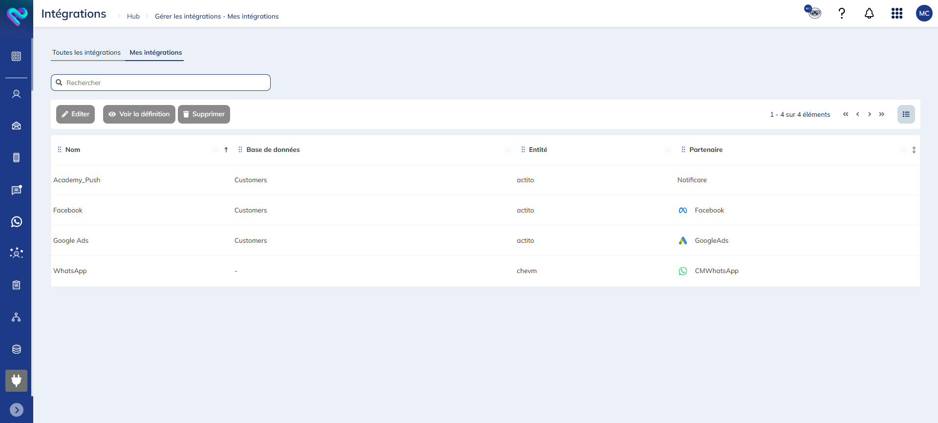 Pestaña Gestionar mis integraciones