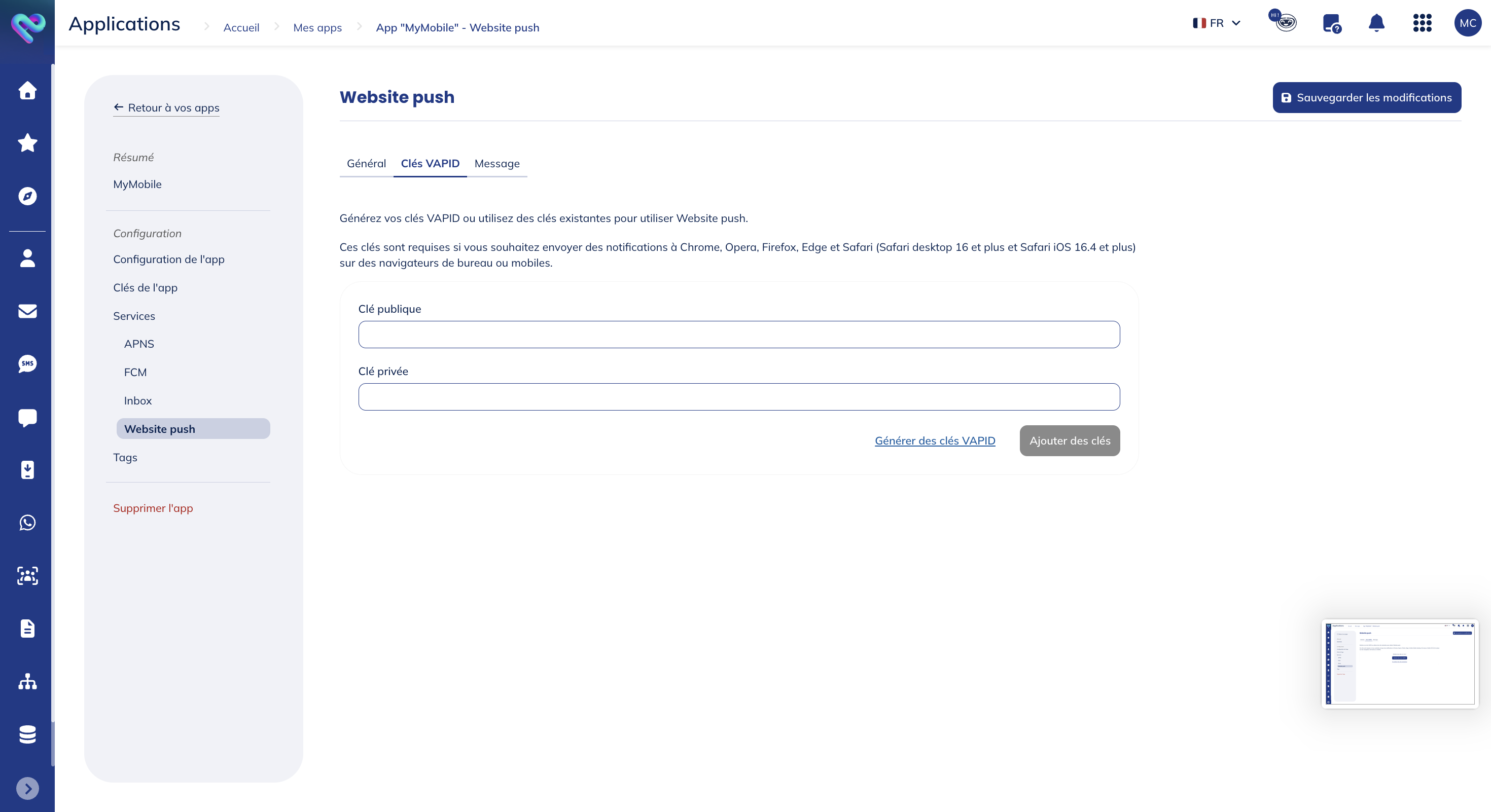 Utilizar claves VAPID existentes