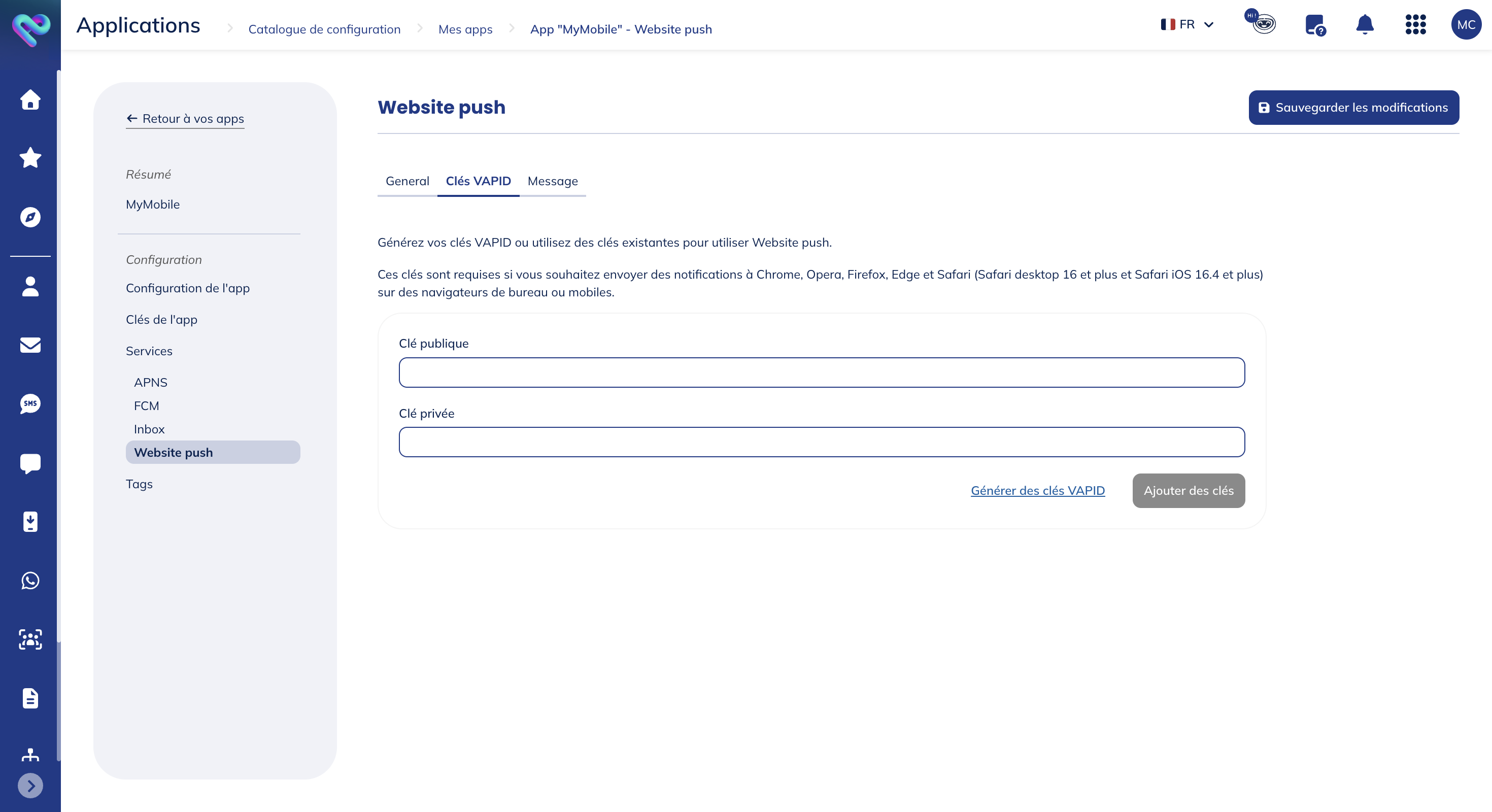 Utilizar claves VAPID existentes