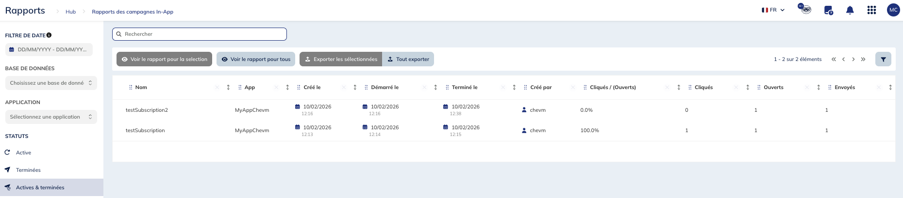 Informe de campañas In-App