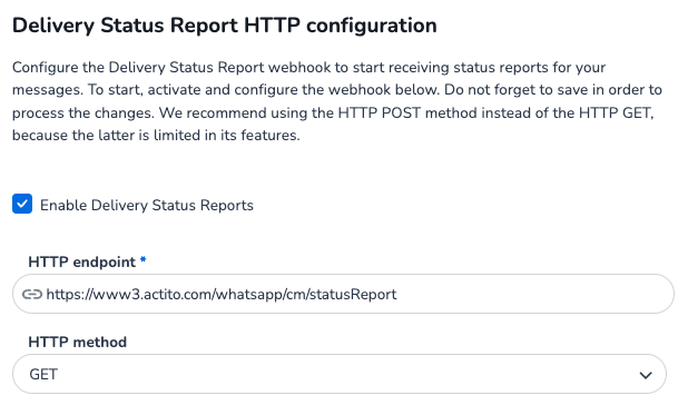 Delivery Status HTTP configuration