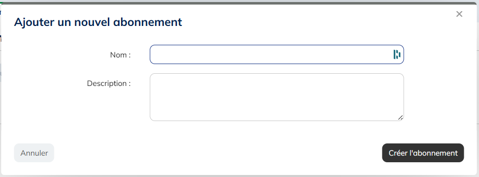 Pop-up : Ajouter un nouvel abonnement