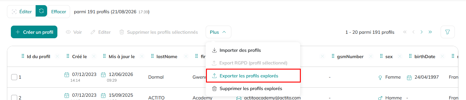 Exporter les profils explorés