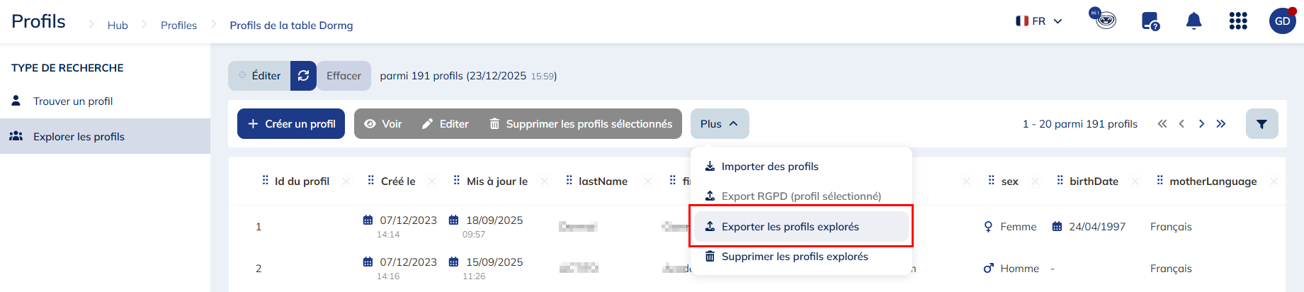 Exporter les profils explorés