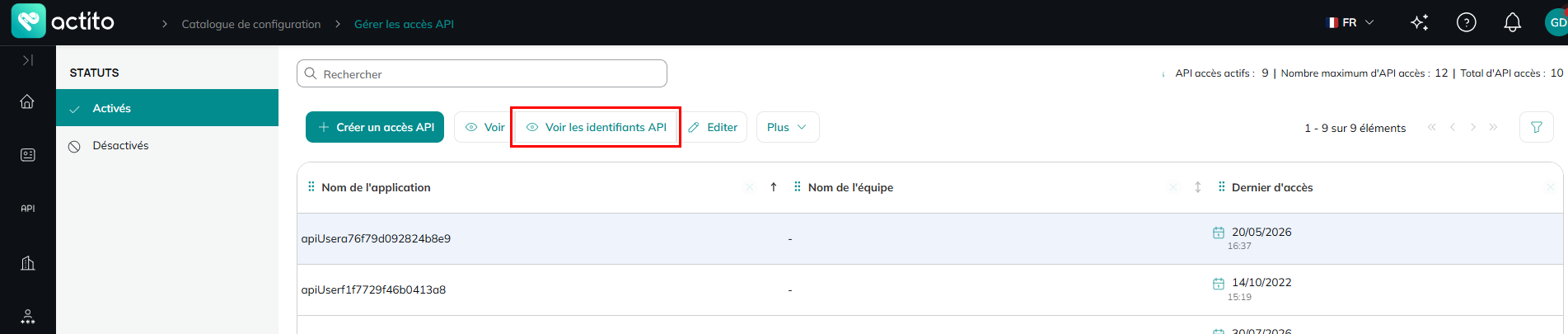 Voir les identifiants API