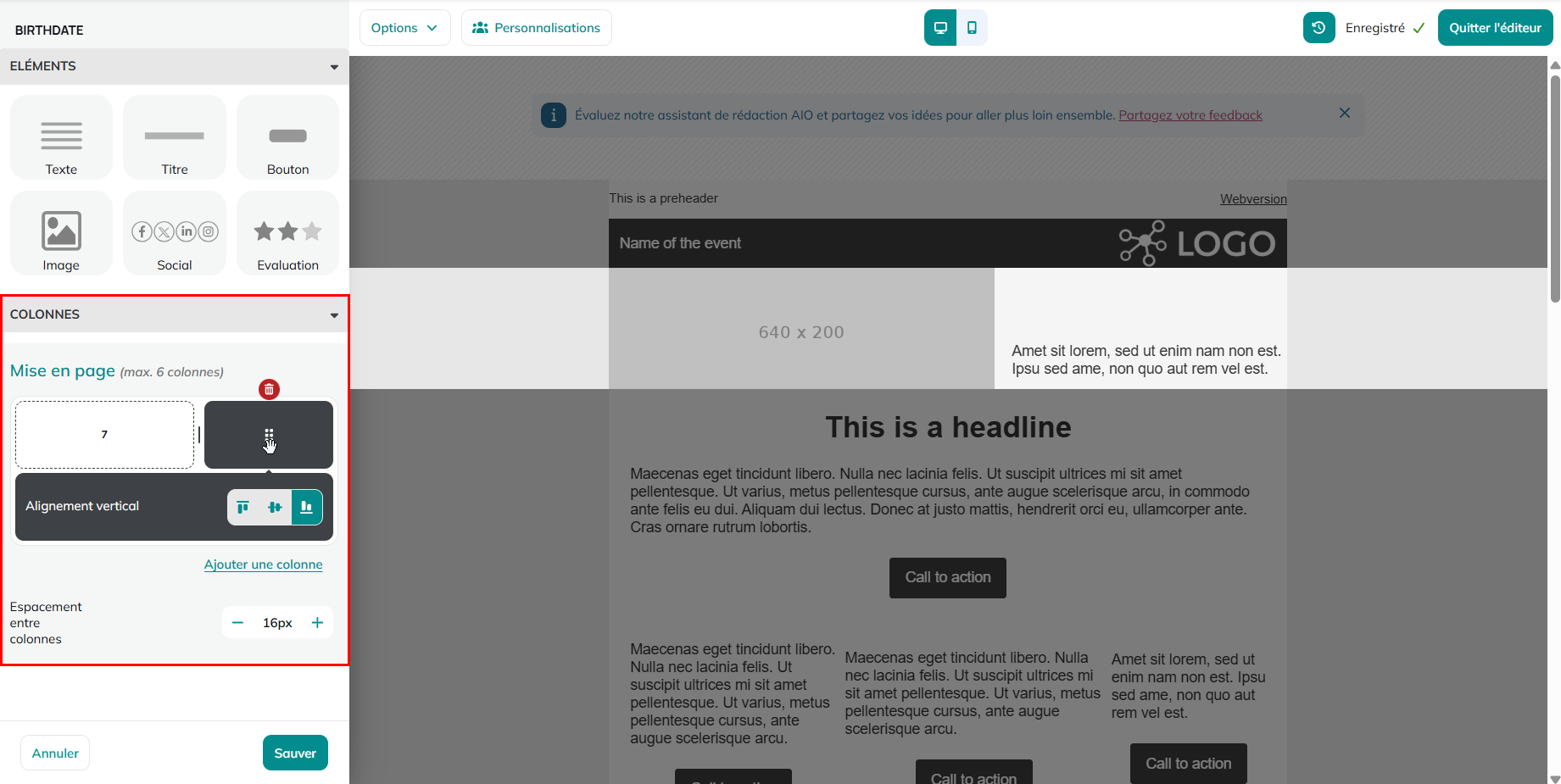 Menu de mise en page des colonnes
