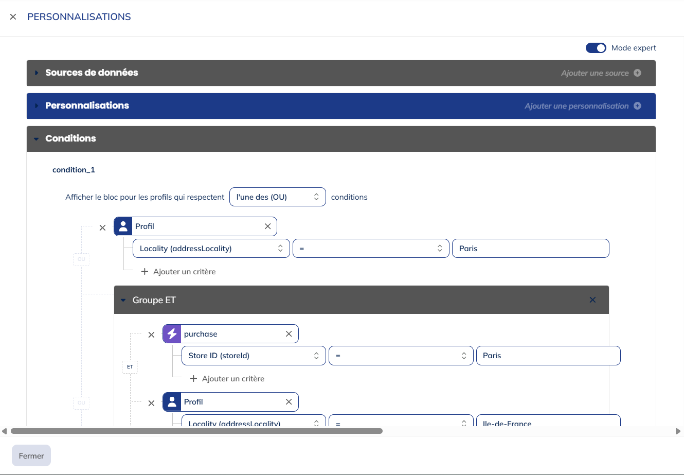 Menu de personnalisations